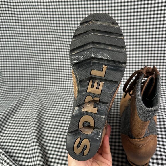 Sorel Lexie Boots Women's 9 Brown Gray Leather Hidden Wedge Lace Up Lug Booties - Picture 5 of 7